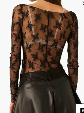 Free people Sheer Black Lace Long-Sleeve Top Embroidered